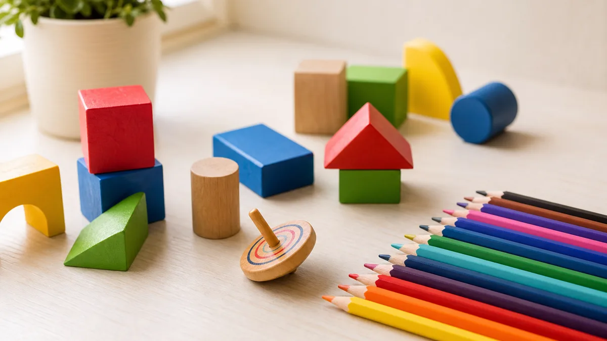 Kind sitzt konzentriert mit einer erwachsenen Begleitperson an einem hellen Tisch, im Vordergrund Bausteine und Papier